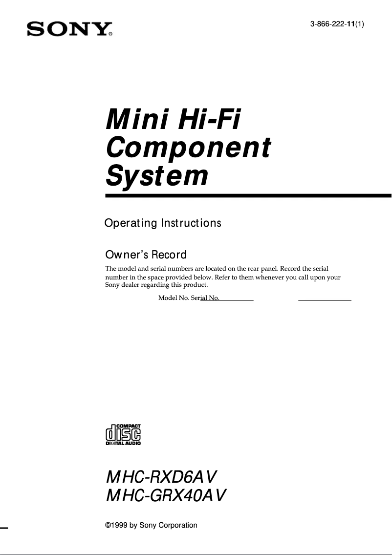 Page 1 de la notice Manuel utilisateur Sony MHC-RXD6AV