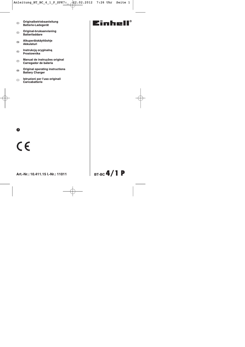 Page 1 de la notice Mode d'emploi Einhell BT-BC 4/1 P
