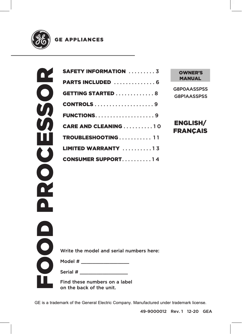 Page 1 de la notice Manuel utilisateur GE G8P1AASSPSS