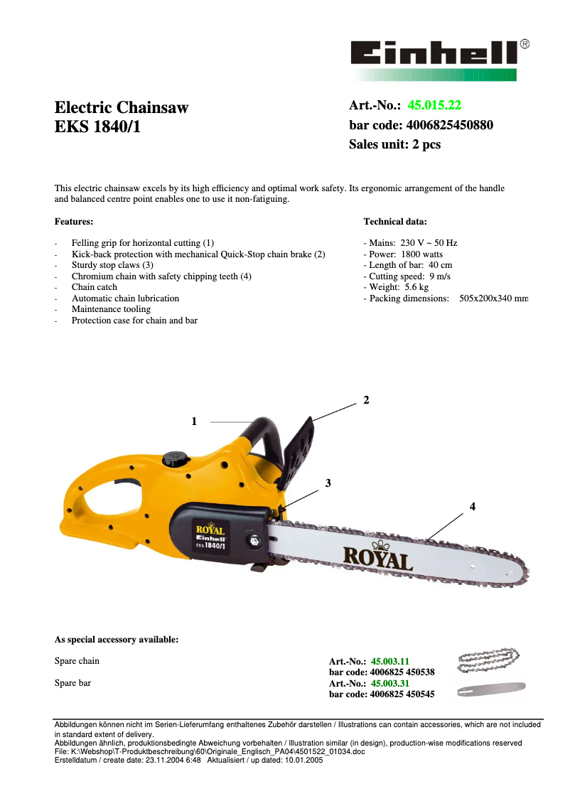 Page 1 de la notice Fiche technique Einhell Royal EKS 1840/1
