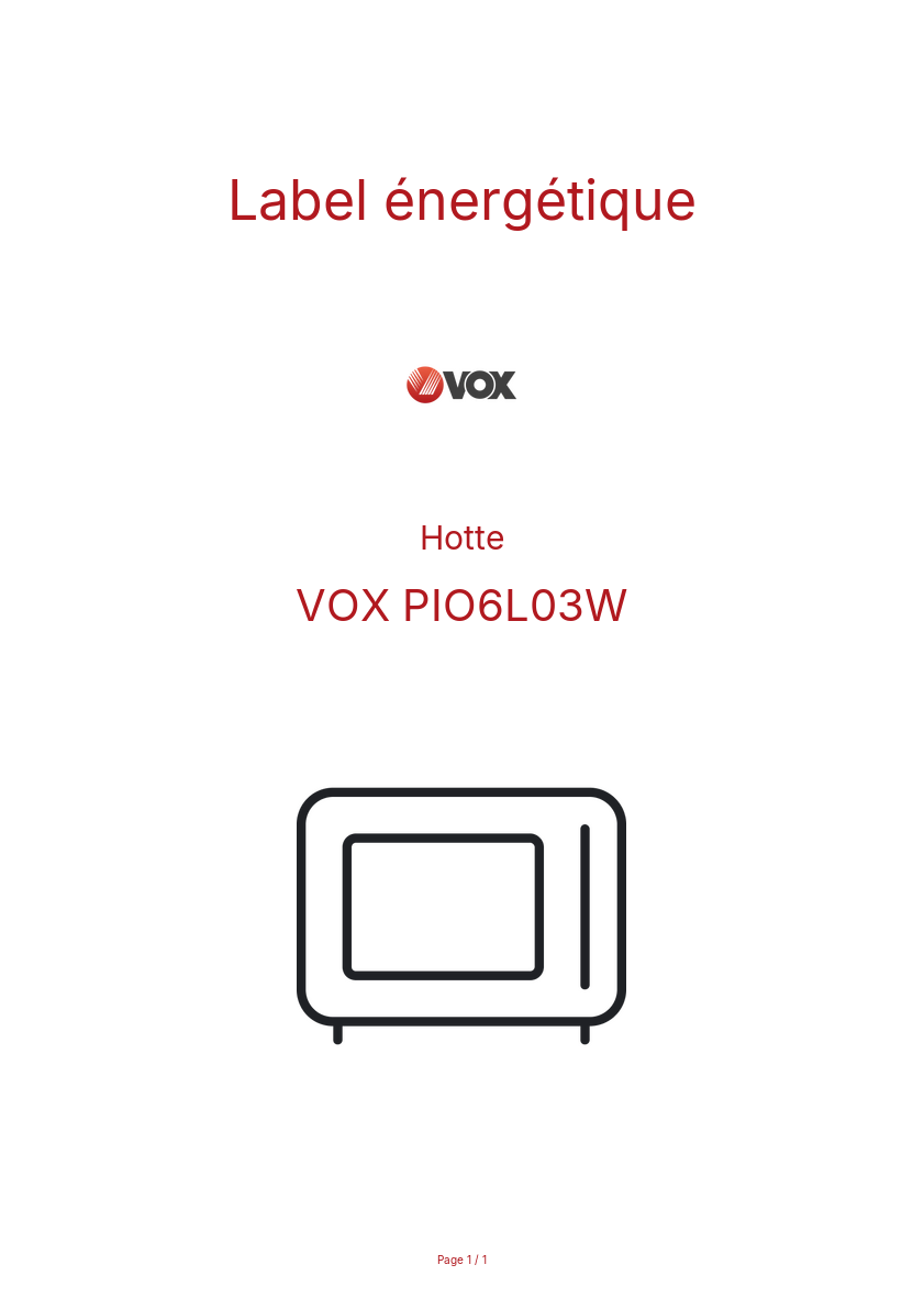 Page n°1 - Label énergétique VOX PIO6L03W