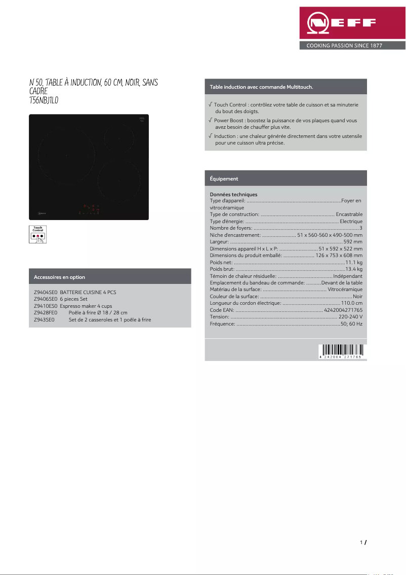 Page n°1 - Fiche technique Neff T56NBJ1L0