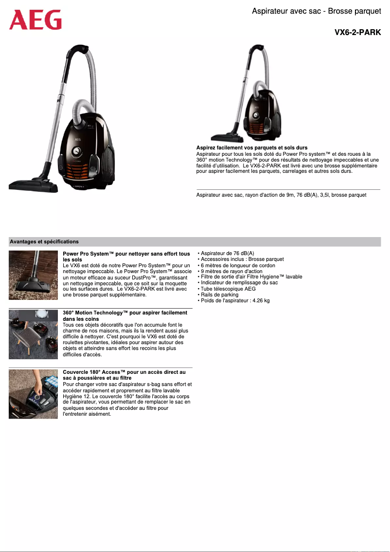Page 1 de la notice Manuel utilisateur AEG VX6-2-PARK