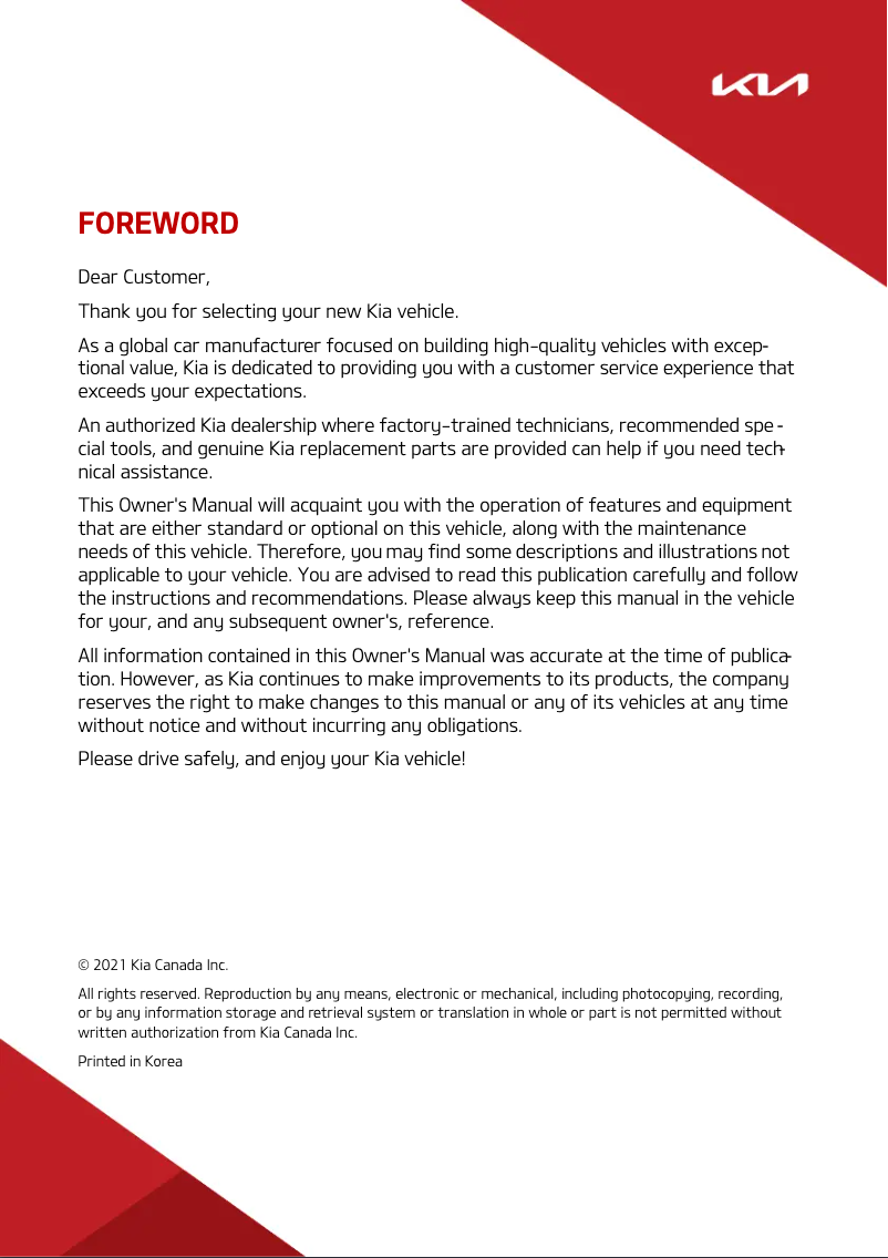 Page 1 de la notice Manuel utilisateur Kia Sedona (2022)