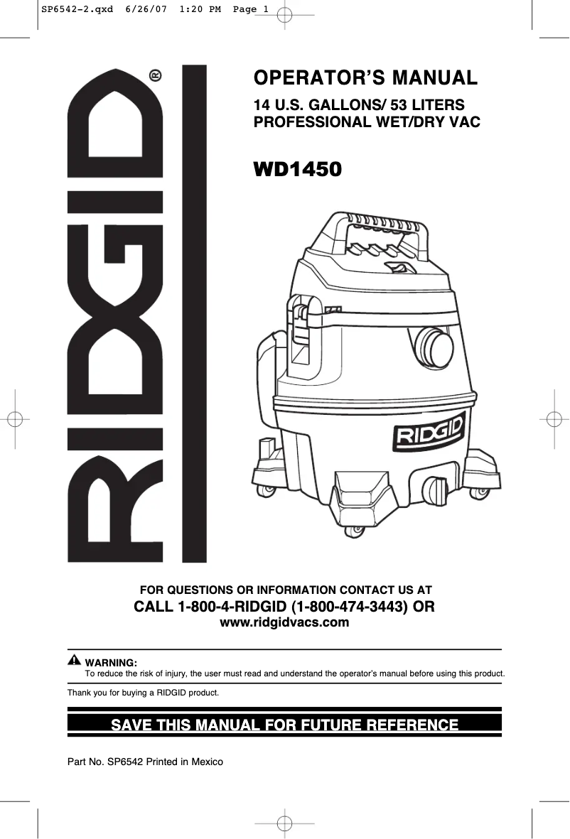 Página 1 del manual Manual de usuario Ridgid WD1450