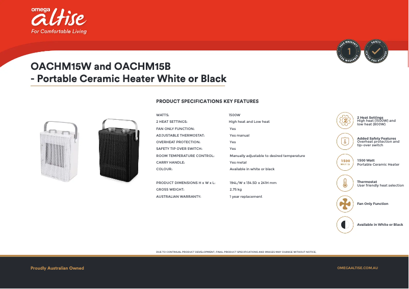 Page n°1 - Fiche technique Omega Altise OACHM15W