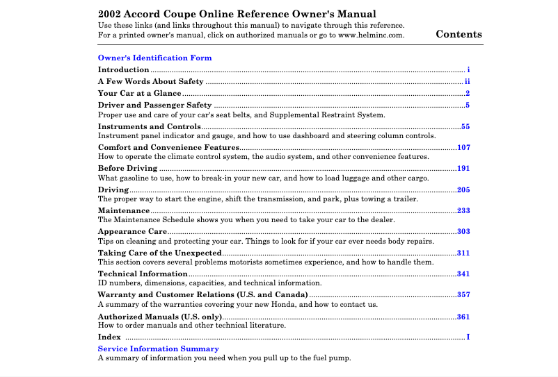 Page 1 de la notice Manuel utilisateur Honda Accord (2002)