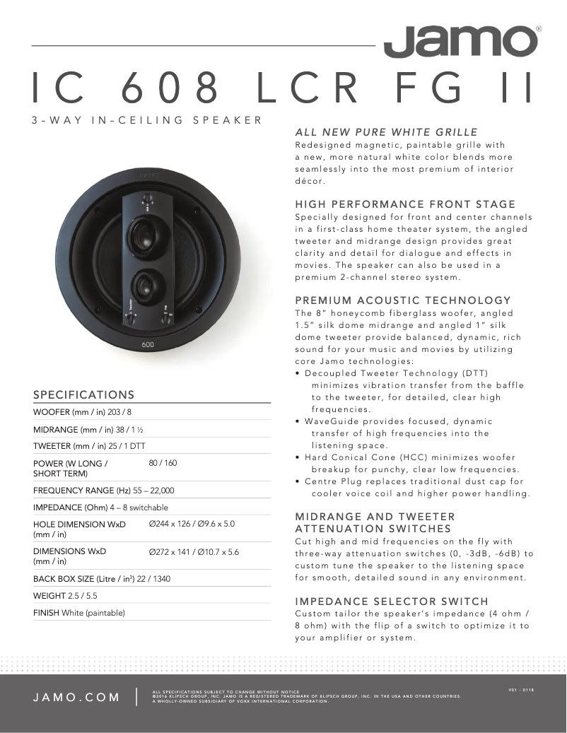 Page n°1 - Fiche technique Jamo IC 608 LCR FG II
