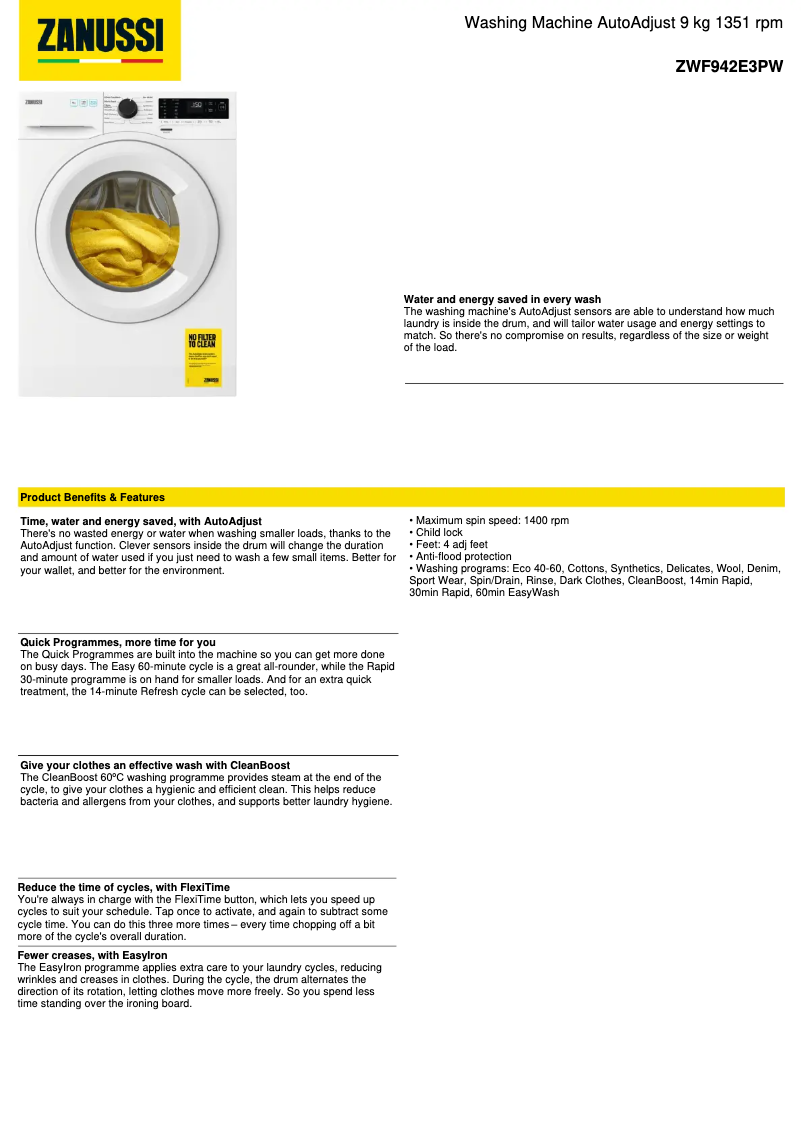 Page 1 de la notice Fiche technique Zanussi ZWF942E3PW