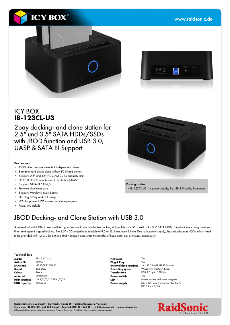 Page 1 de la notice Fiche technique Icy Box Raidsonic IB-123CL-U3