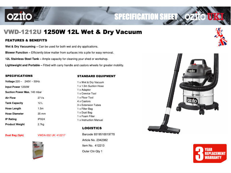 Page 1 de la notice Fiche technique Ozito VWD-1212U