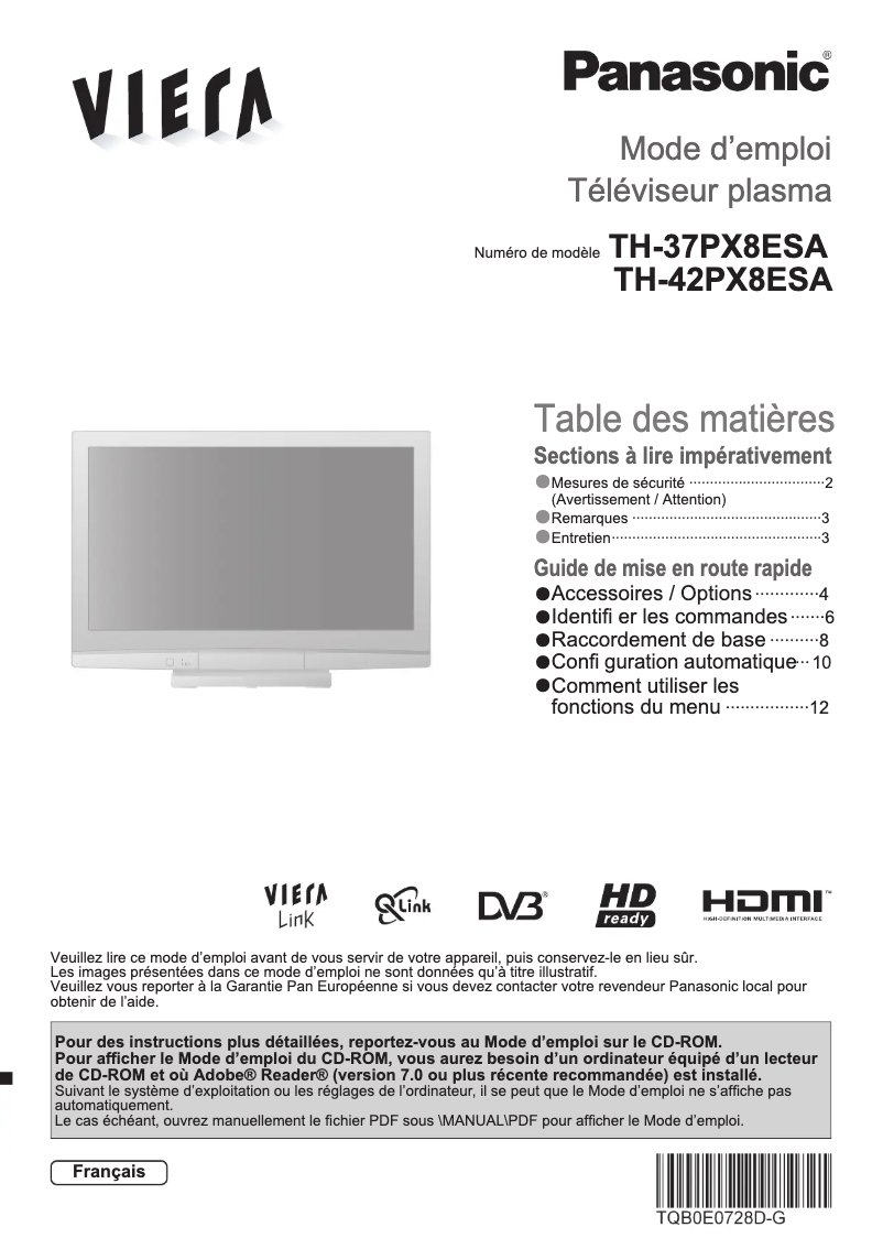 Page 1 de la notice Manuel utilisateur Panasonic Viera TH-37PX8ESA