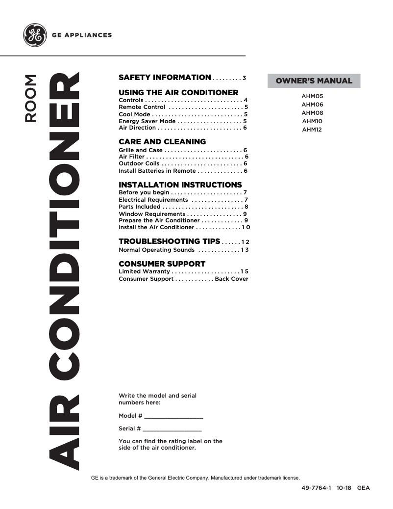 Page n°1 - Manuel utilisateur GE AHM06LY