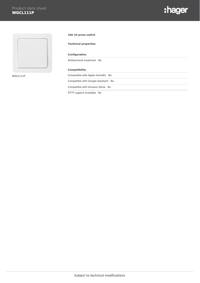 Page 1 de la notice Fiche technique Hager WGCL111P