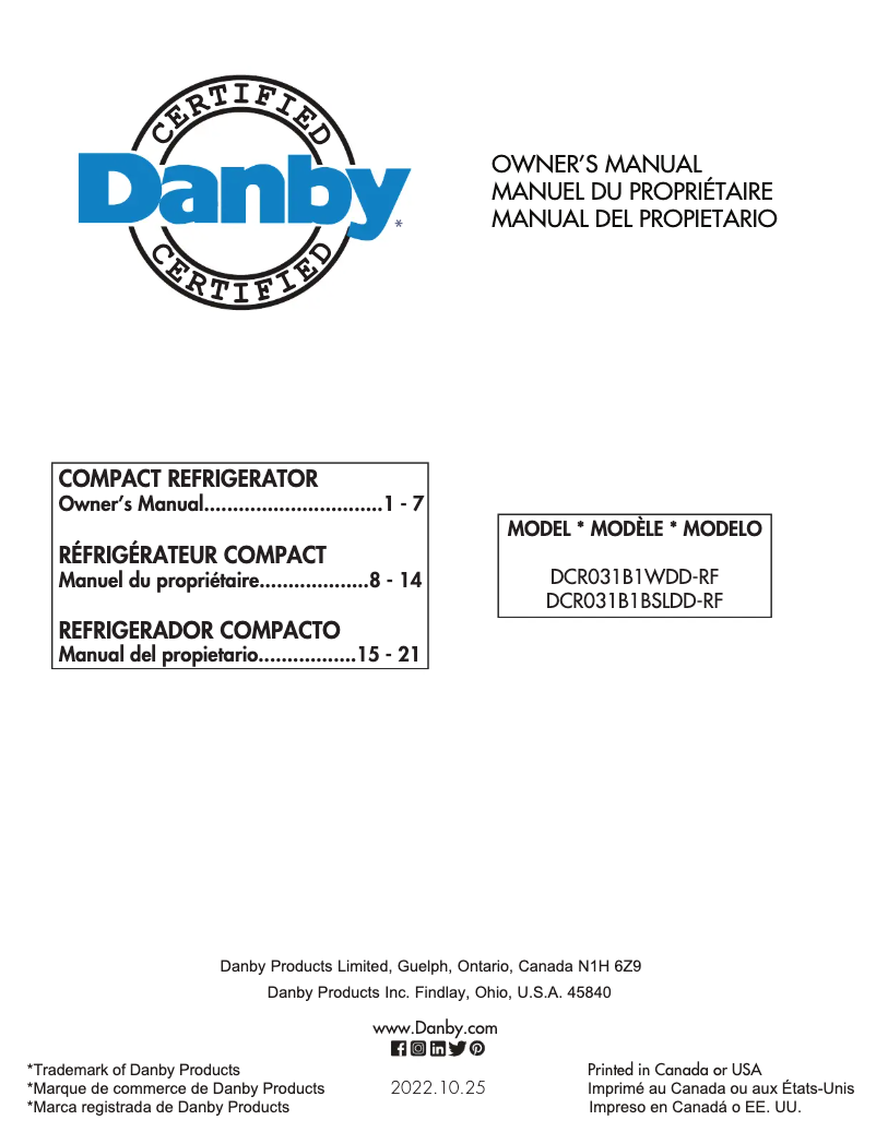 Page 1 de la notice Manuel utilisateur Danby DCR031B1BSLDD-RF