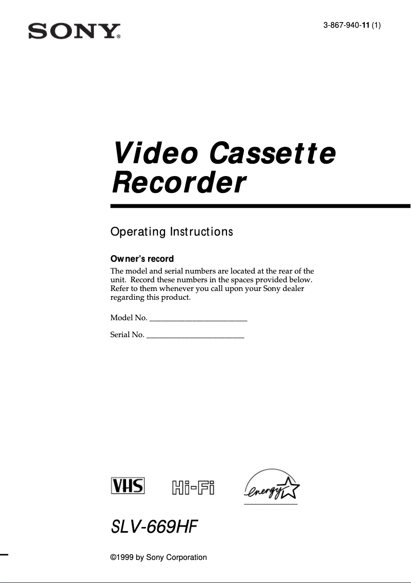 Page n°1 - Manuel utilisateur Sony SLV-669HF