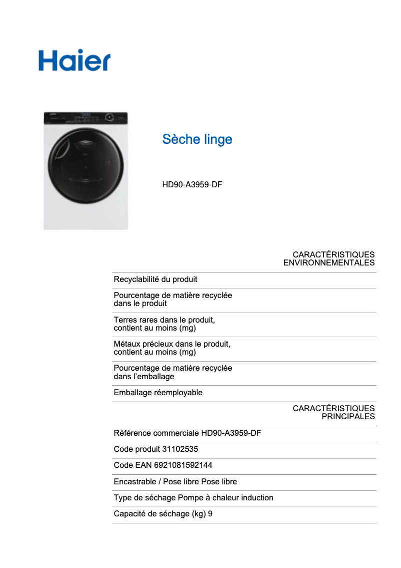 Page n°1 - Label énergétique Haier HD90-A3979