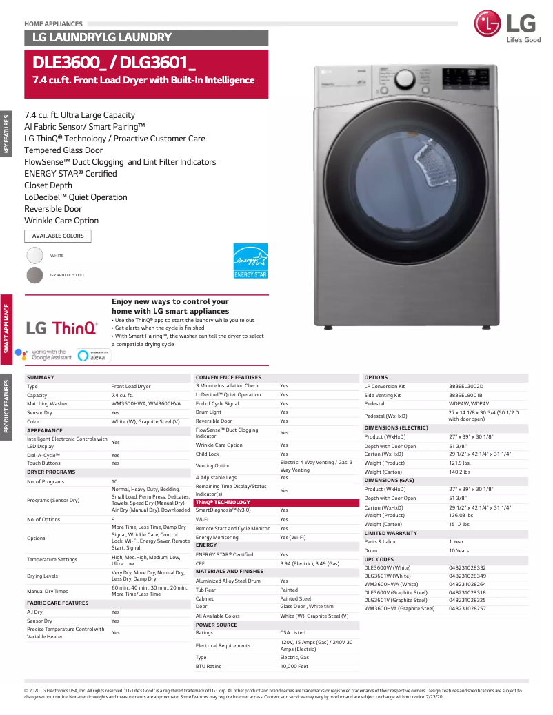 Page n°1 - Fiche technique LG DLE3600V