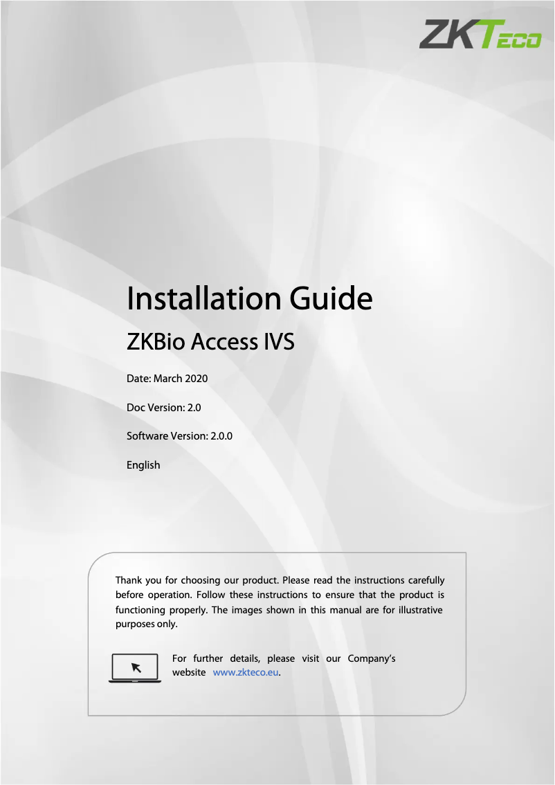 Page 1 de la notice Guide d'installation ZKTeco ZKBioAccess IVS