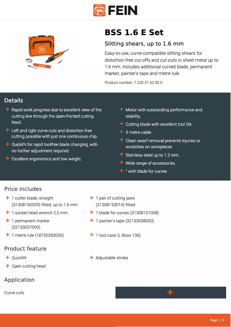 Página 1 del manual Ficha técnica Fein BSS 1.6 E