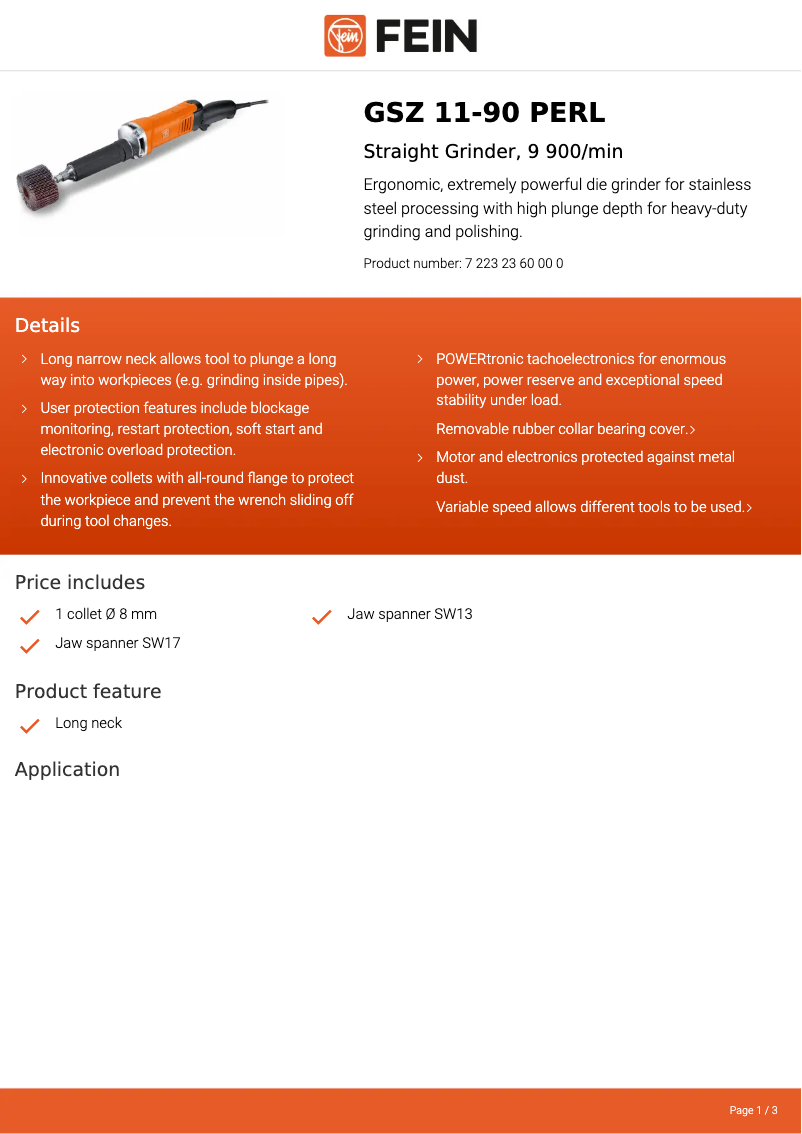 Page n°1 - Fiche technique Fein GSZ 11-90 PERL