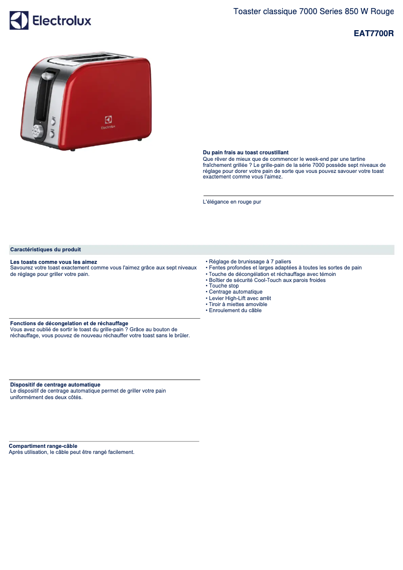Page 1 de la notice Fiche technique Electrolux EAT7700R