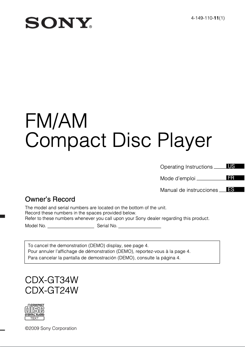 Page 1 de la notice Manuel utilisateur Sony CDX-GT24W