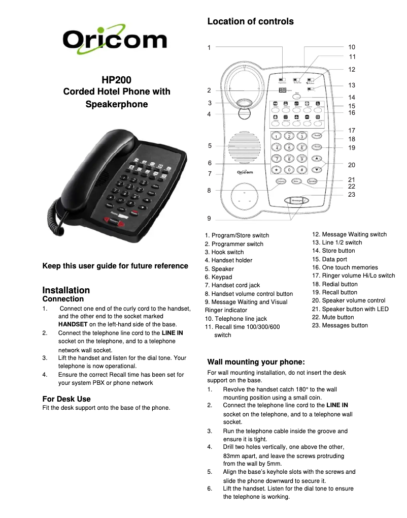 Page 1 de la notice Manuel utilisateur Oricom HP200