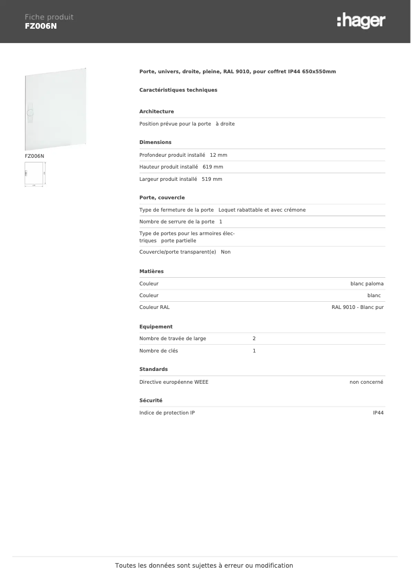 Page n°1 - Fiche technique Hager FZ006N