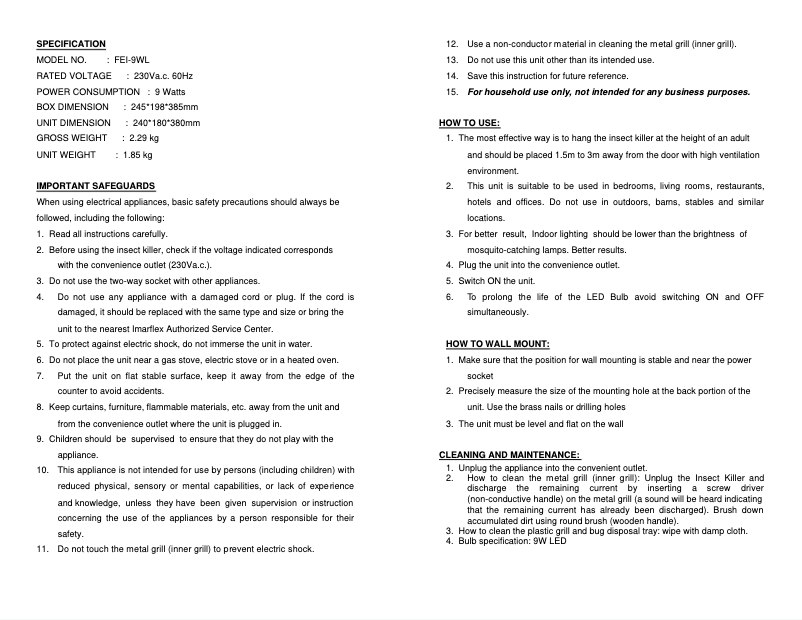 Page n°1 - Manuel utilisateur Imarflex FEI-9WL