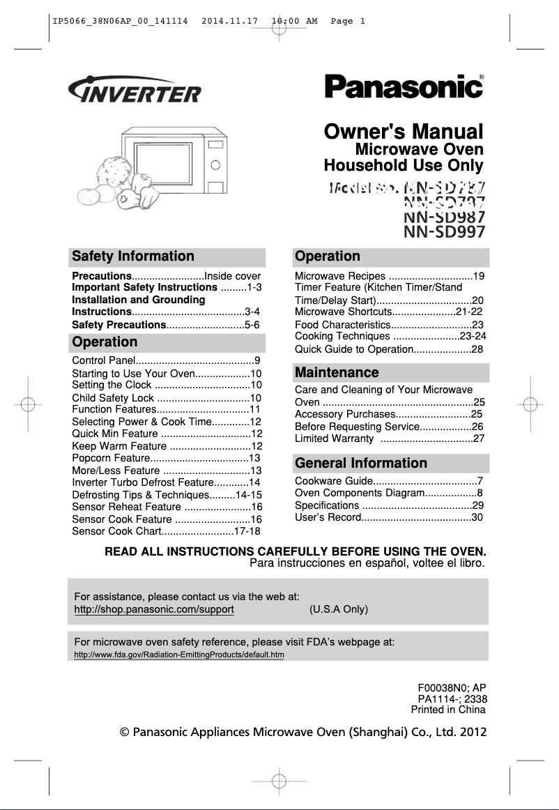 Page 1 de la notice Manuel utilisateur Panasonic NN-SD787