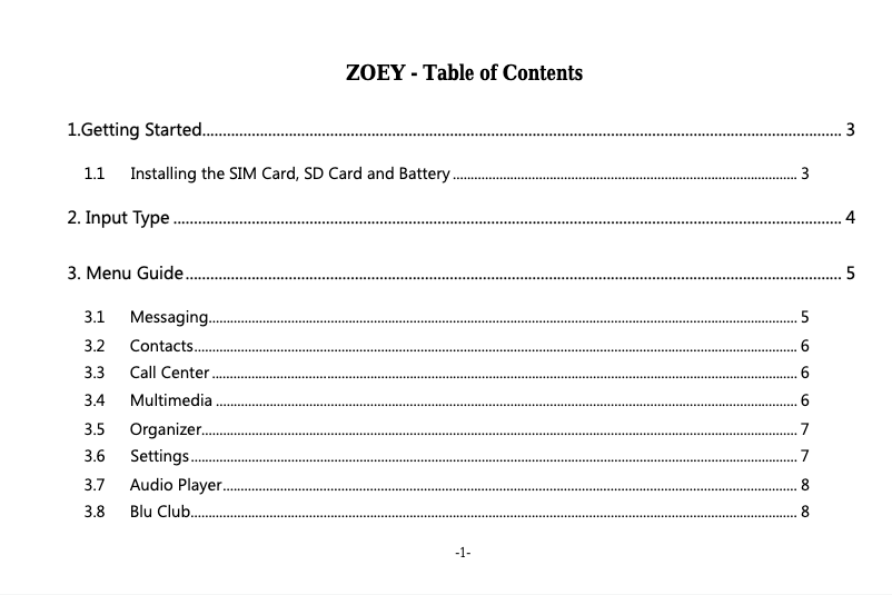 Page 1 de la notice Manuel utilisateur BLU Zoey