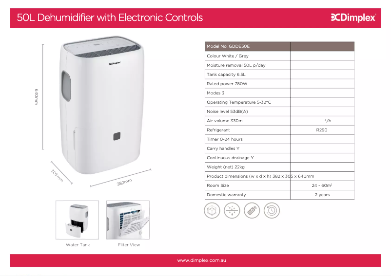 Page 1 de la notice Fiche technique Dimplex GDDE50E