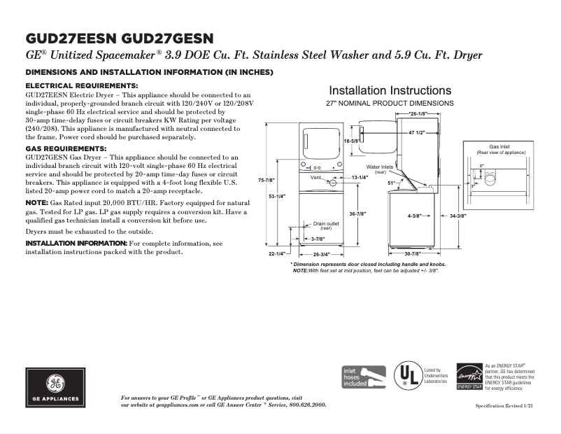 Image de la première page du manuel de l'appareil GUD27EESNWW