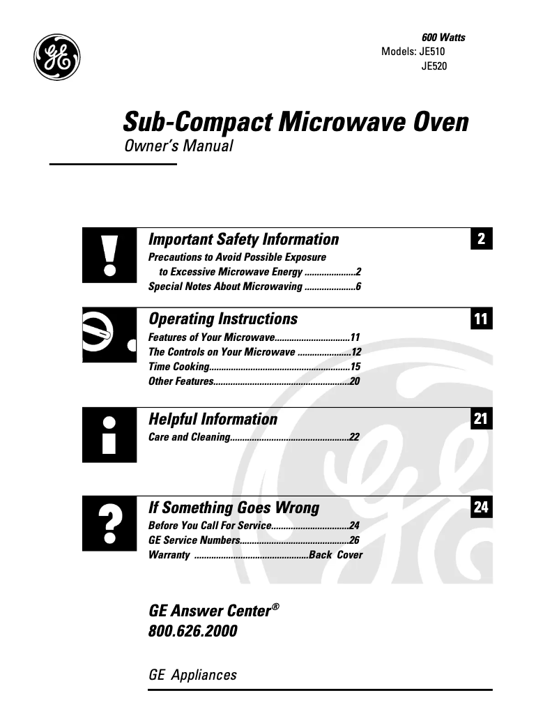 Page n°1 - Manuel d'utilisation et d'entretien GE JE520BW