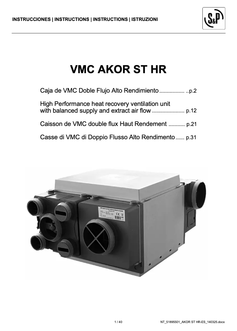 Página 1 del manual Manual de usuario Soler & Palau VMC AKOR ST HR