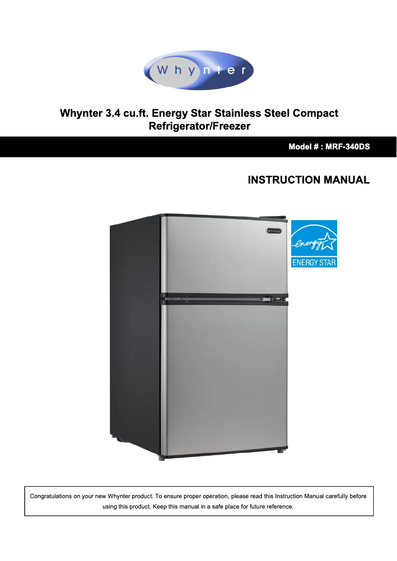 Page 1 de la notice Manuel utilisateur Whynter MRF-340DS