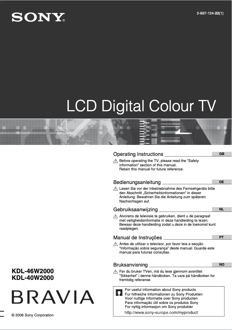 Page 1 de la notice Manuel utilisateur Sony Bravia KDL-40W2000