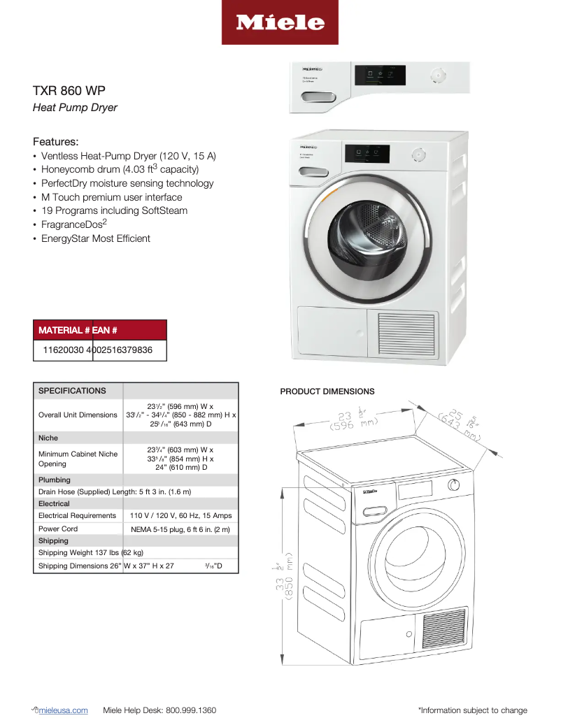 Page n°1 - Fiche technique Miele TXR 860 WP T1
