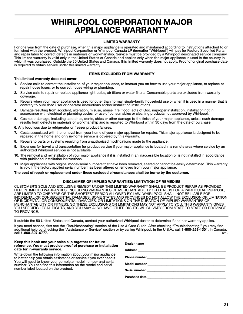 Page 1 de la notice Informations de garantie Whirlpool GI15PDXZ