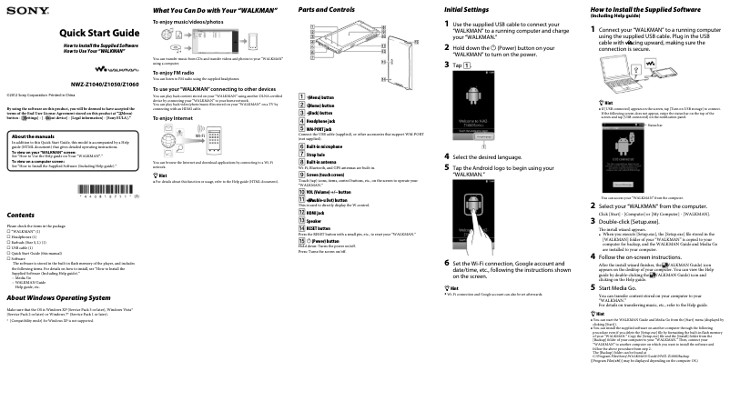 Page 1 de la notice Manuel utilisateur Sony Walkman NWZ-Z1040