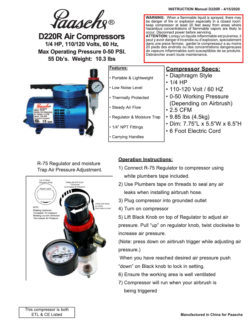 Page n°1 - Manuel utilisateur Paasche D220R