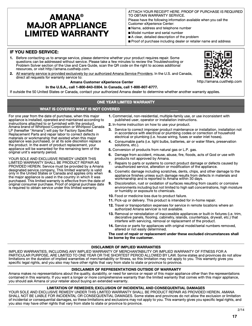 Page 1 de la notice Informations de garantie Amana ART308FFDW