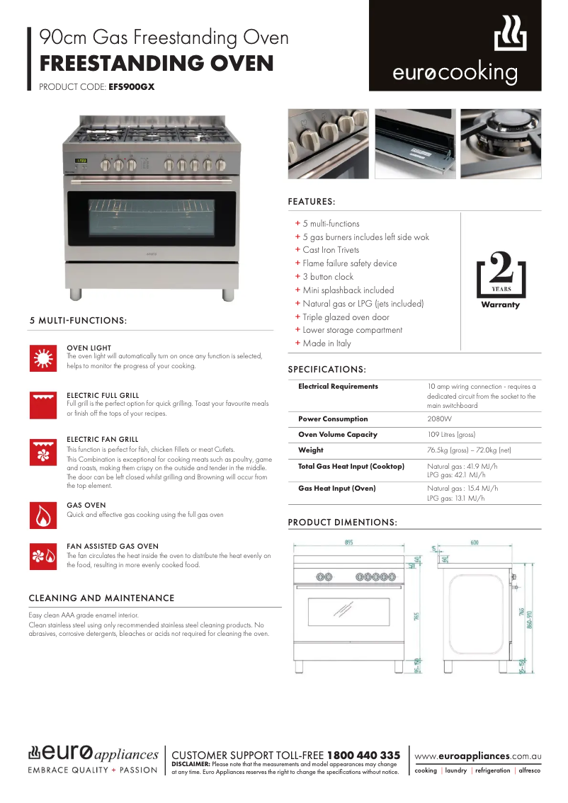 Page n°1 - Fiche technique Euro Appliances EFS900GX