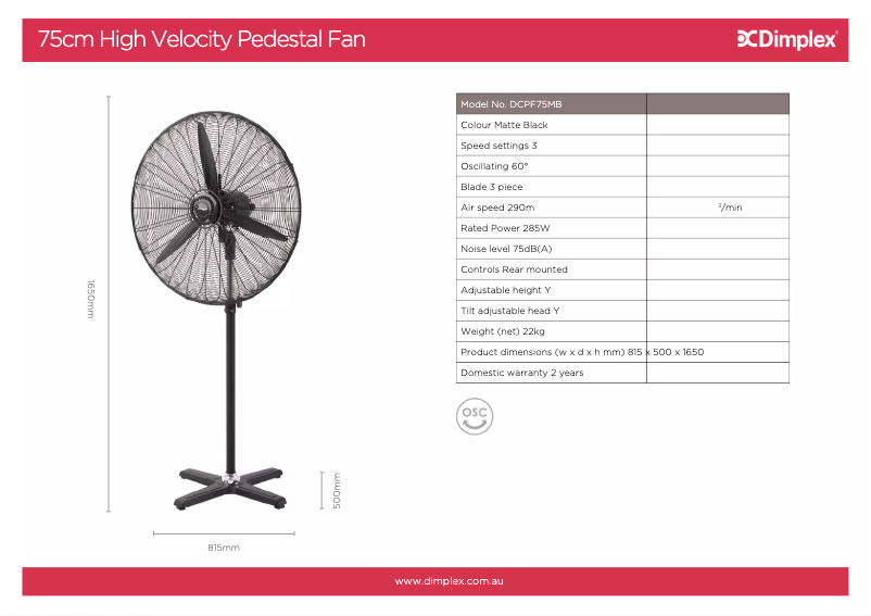 Página 1 del manual Ficha técnica Dimplex DCPF75MB