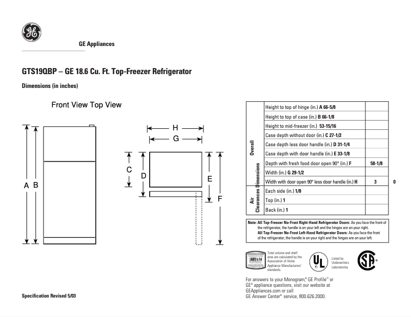 Page n°1 - Fiche technique GE GTS19QBPBB