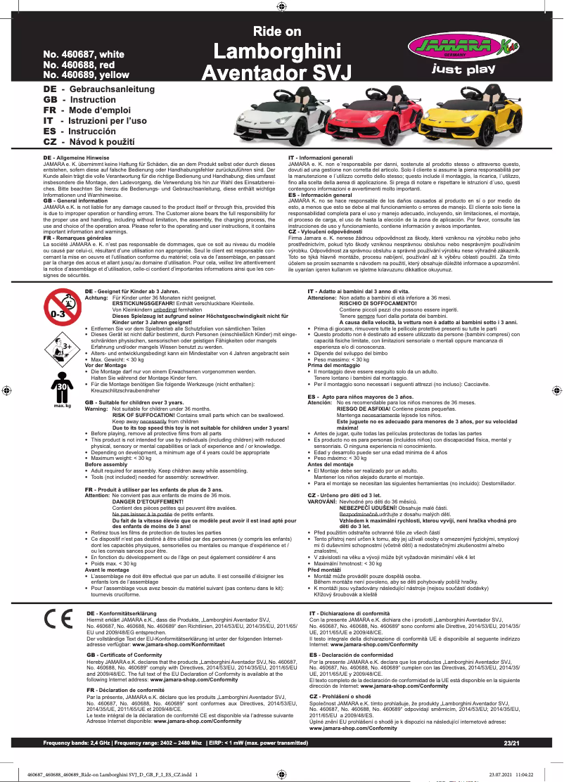 Page 1 de la notice Manuel utilisateur Jamara Ride-on Lamborghini Aventador SVJ