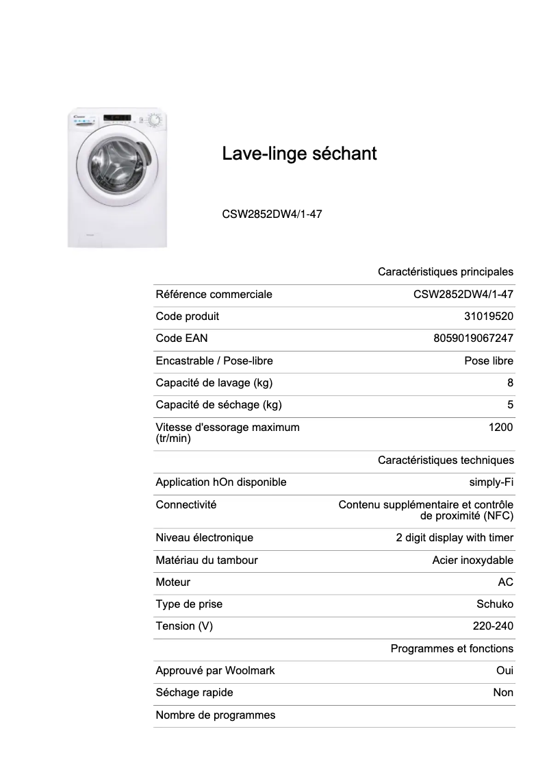 Image de la première page du manuel de l'appareil CSW2852DW4/1-47