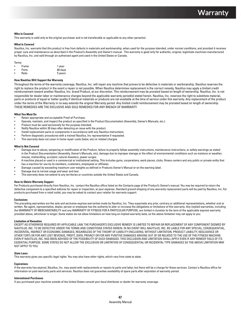 Página 1 del manual Información de garantía Bowflex PR1000