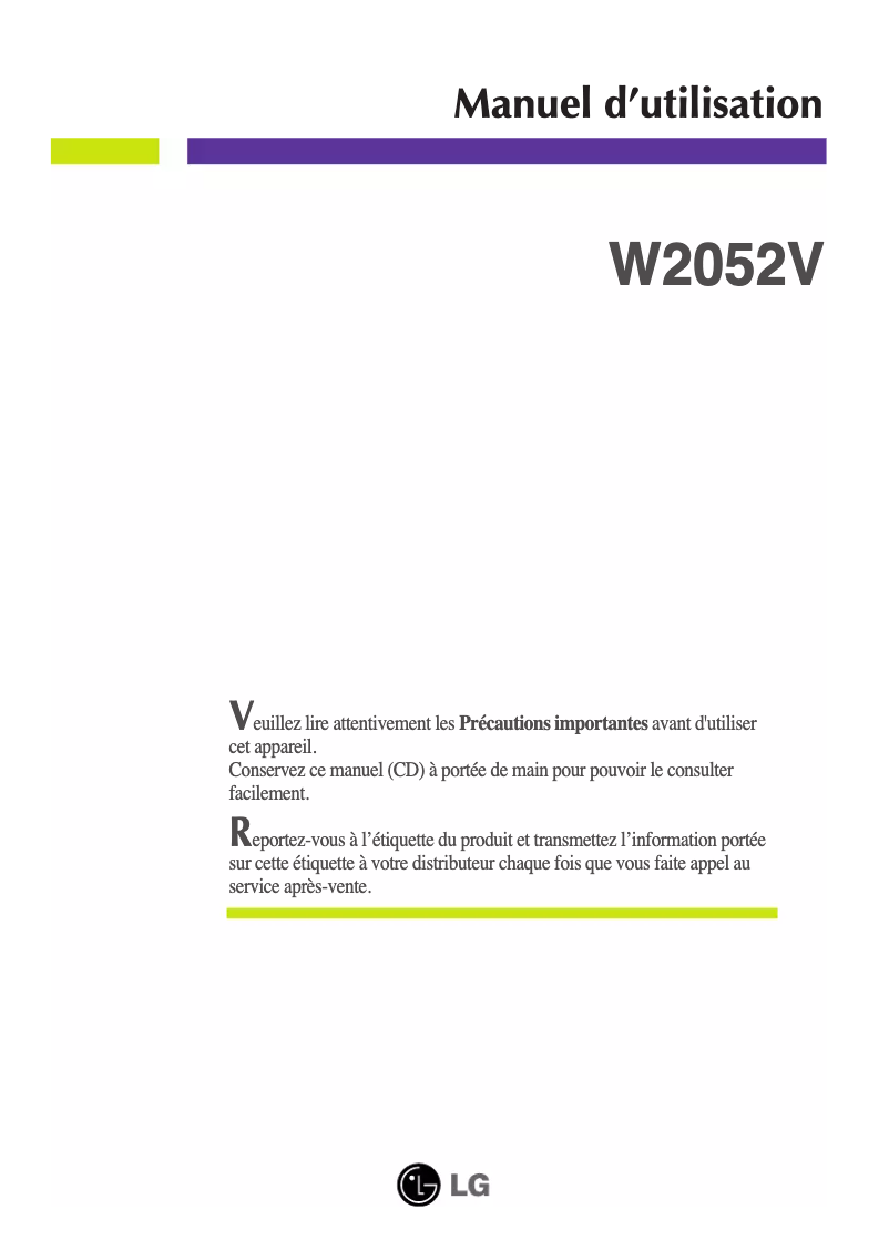 Page 1 de la notice Manuel utilisateur LG W2052V-PF